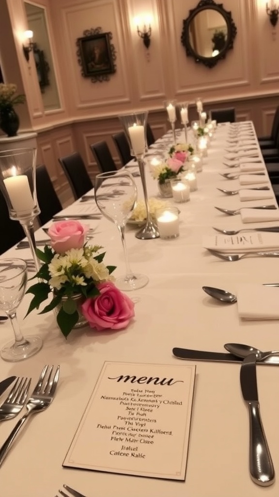 Elegant Dinner Menu Template for Free Printable Elegant dinner table with printed menu cards, candles, and fresh flowers.